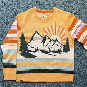 Kavu Yellow Mountain Sunrise Crewneck Sweater with Multicolor Stripes